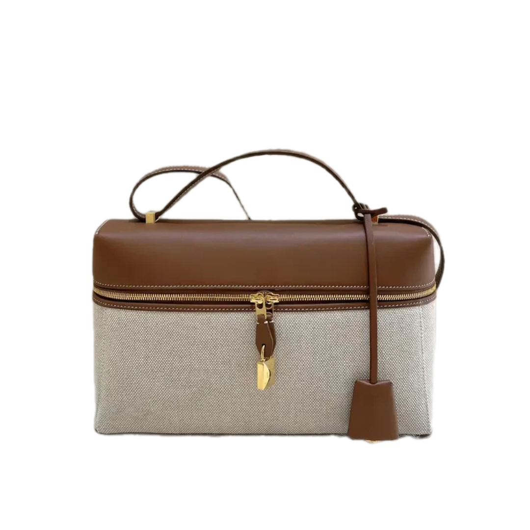 VT - SIXTY Brown and Beige Two - tone Handheld Bag with Gold Hardware