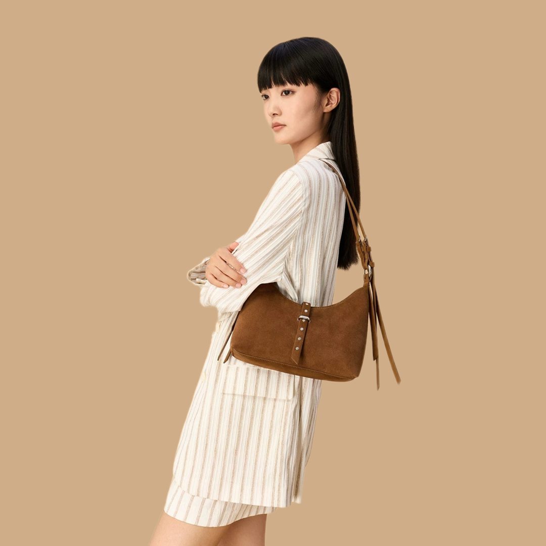 VT-Wren Recycled Suede Studded Belted Shoulder Bag