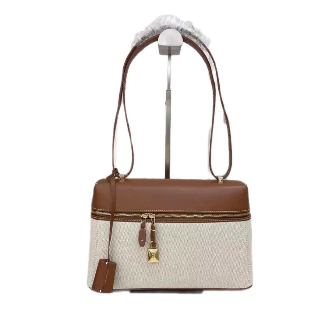 VT - SIXTY Brown and Beige Two - tone Handheld Bag with Gold Hardware