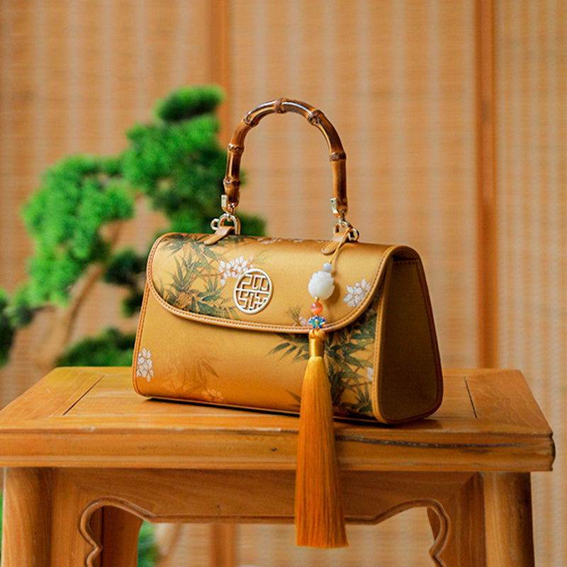 Chinese Painting Xiangyunsha Silk Bamboo Handle Barrel Handbag