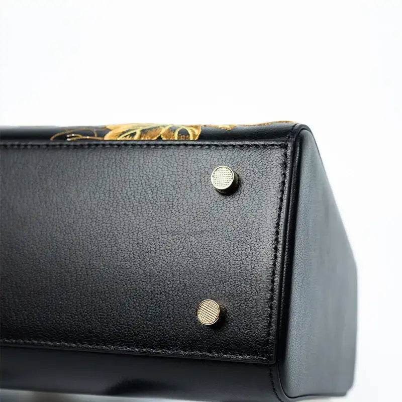 Embroidery Leather Black Lady Bag Gold Peony Luxury Handbag