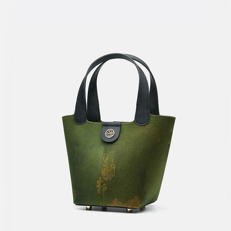 Xiangyunsha Silk Dark Green Bucket Bag with Scarf