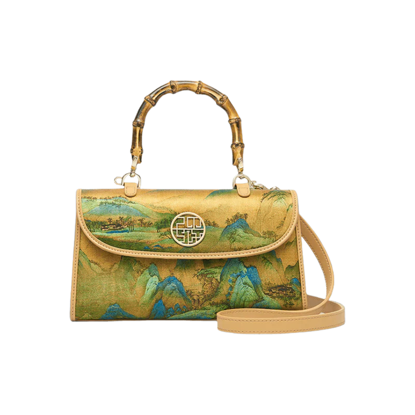 Chinese Painting Xiangyunsha Silk Bamboo Handle Barrel Handbag
