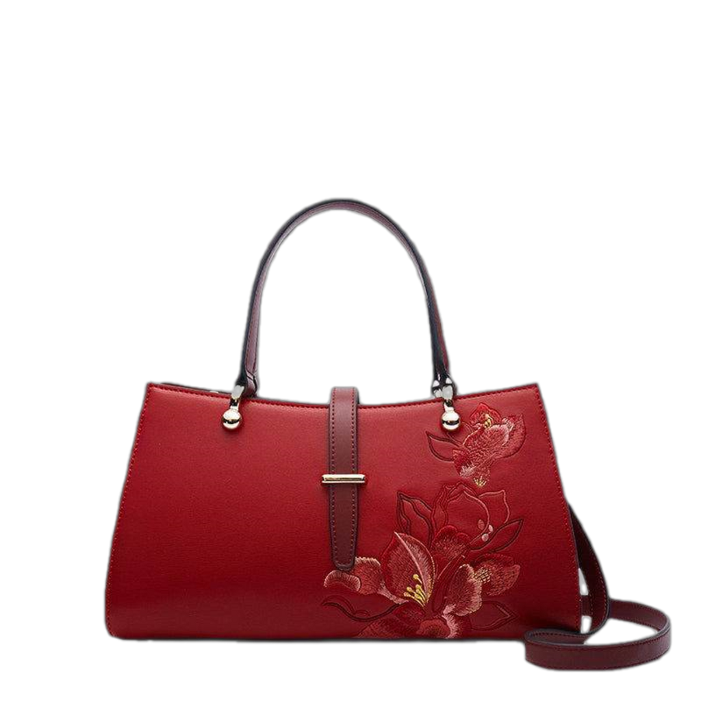 Embroidery Leather Red Magnolia Women's Crossbody Handbag