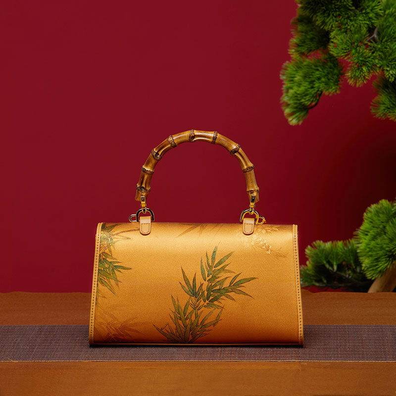 Chinese Painting Xiangyunsha Silk Bamboo Handle Barrel Handbag