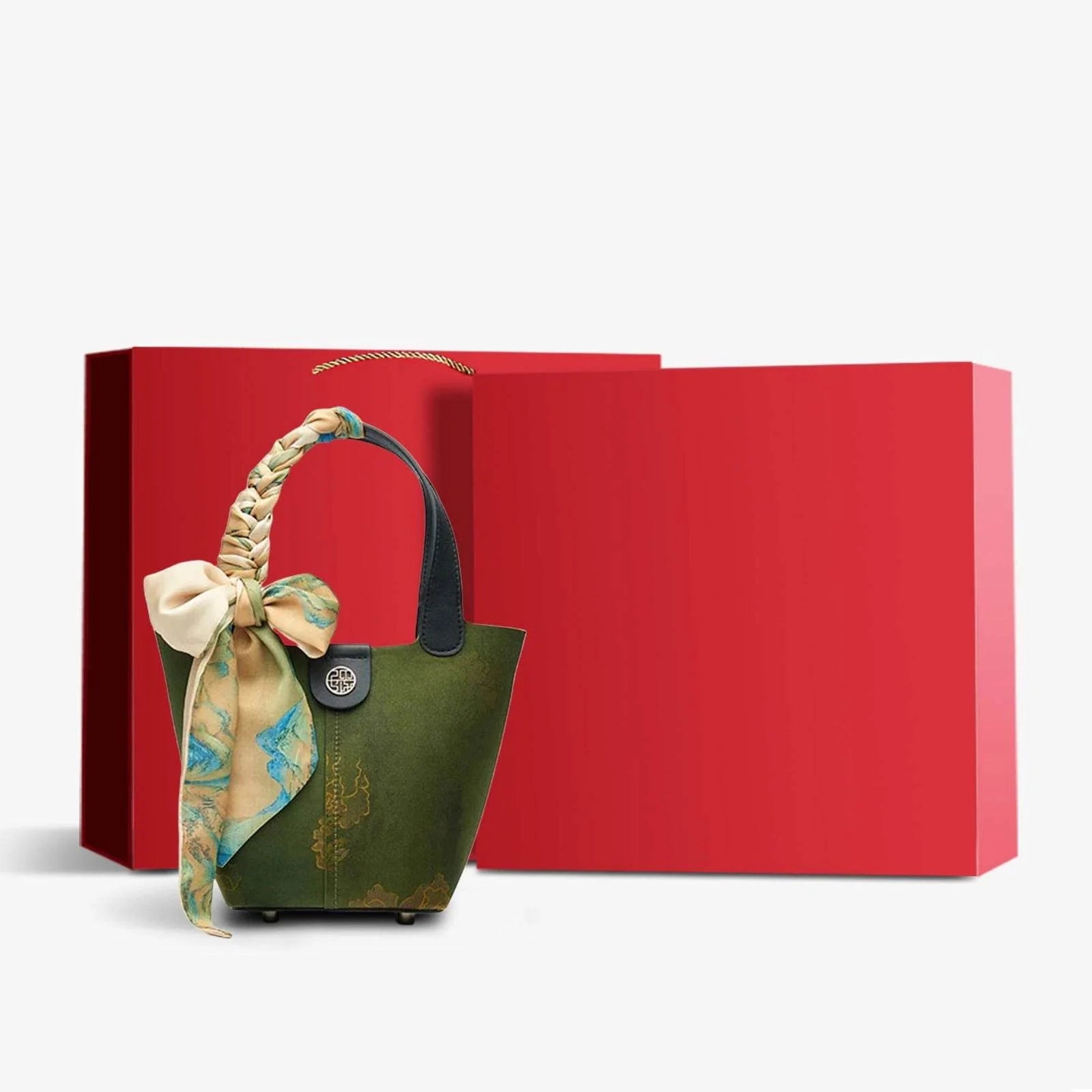 Xiangyunsha Silk Dark Green Bucket Bag with Scarf