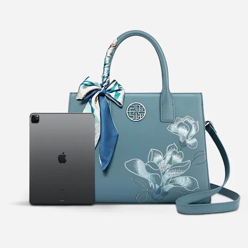 Embroidery Leather White Commuting Handbag Orchid with Scarf