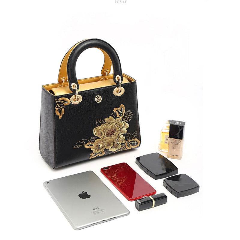 Embroidery Leather Black Lady Bag Gold Peony Luxury Handbag