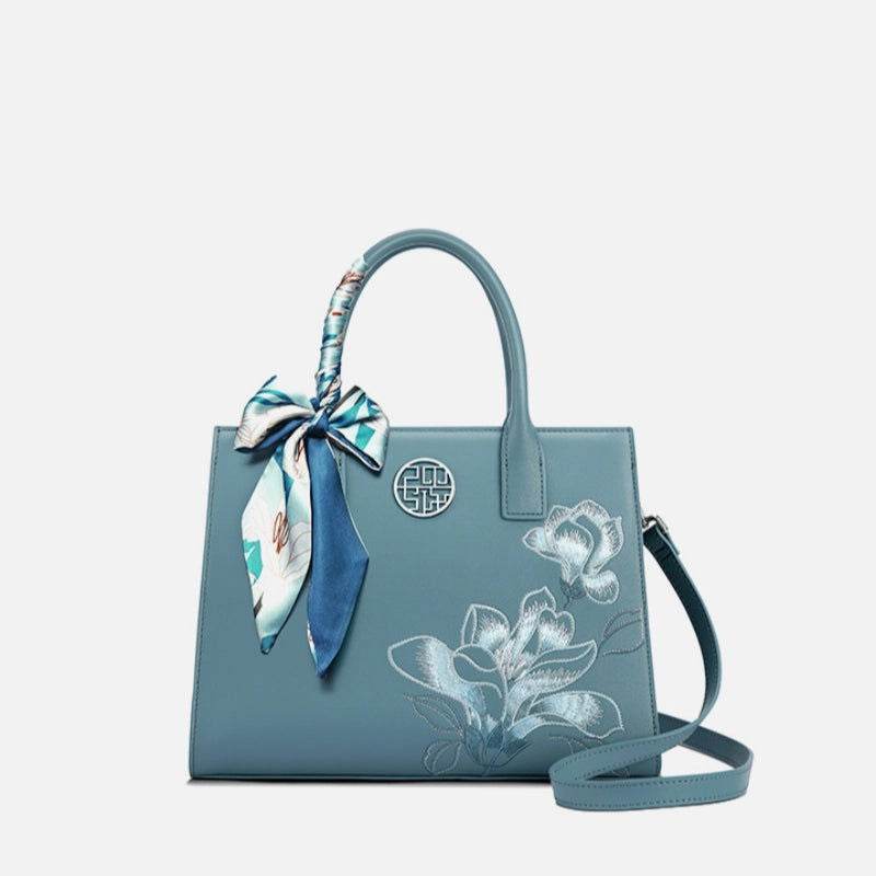 Embroidery Leather White Commuting Handbag Orchid with Scarf