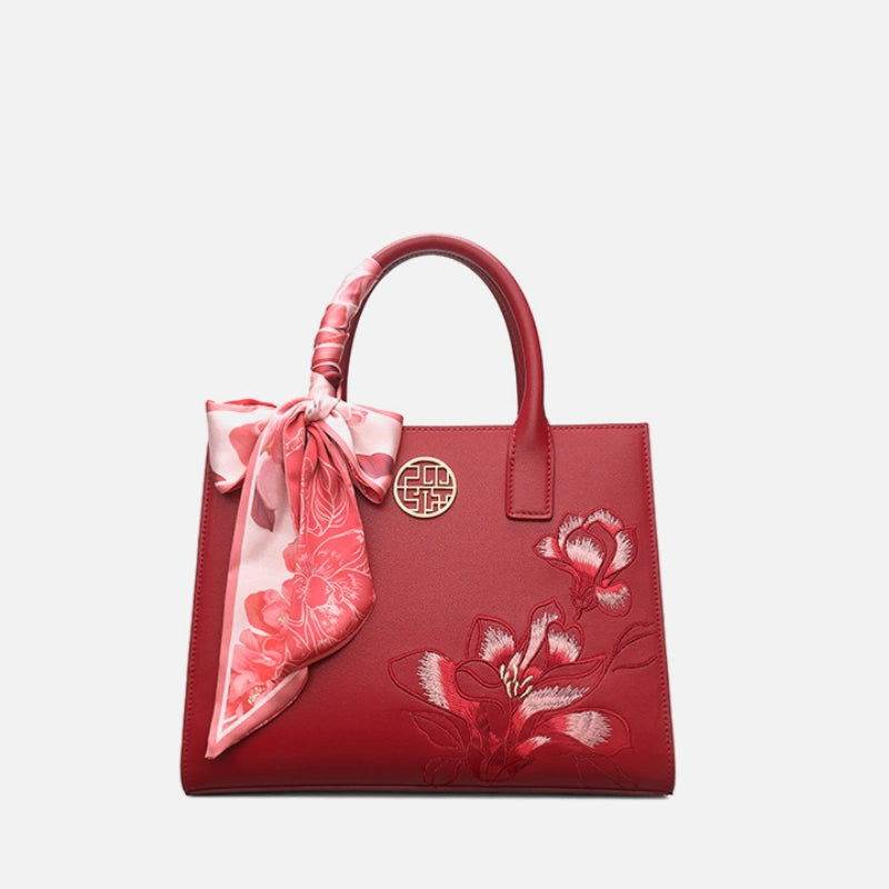 Embroidery Leather White Commuting Handbag Orchid with Scarf