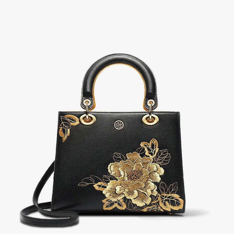 Embroidery Leather Black Lady Bag Gold Peony Luxury Handbag