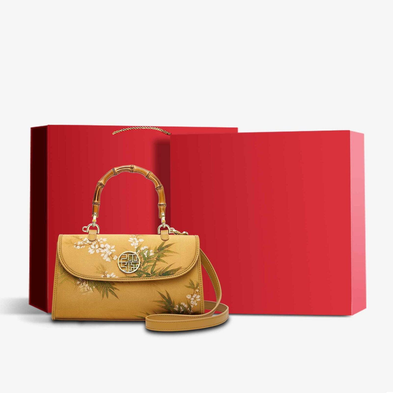Chinese Painting Xiangyunsha Silk Bamboo Handle Barrel Handbag