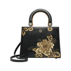 Embroidery Leather Black Lady Bag Gold Peony Luxury Handbag