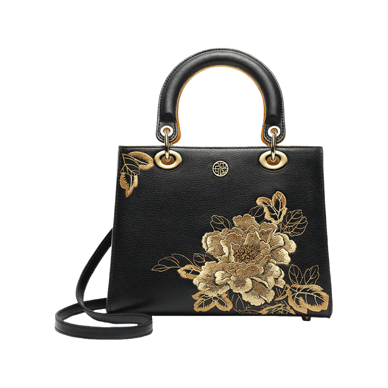 Embroidery Leather Black Lady Bag Gold Peony Luxury Handbag