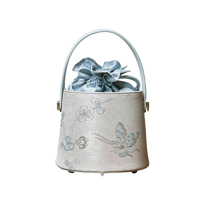 Brocade Jacquard Leather Drawstring Blue Butterfly Bucket Bag