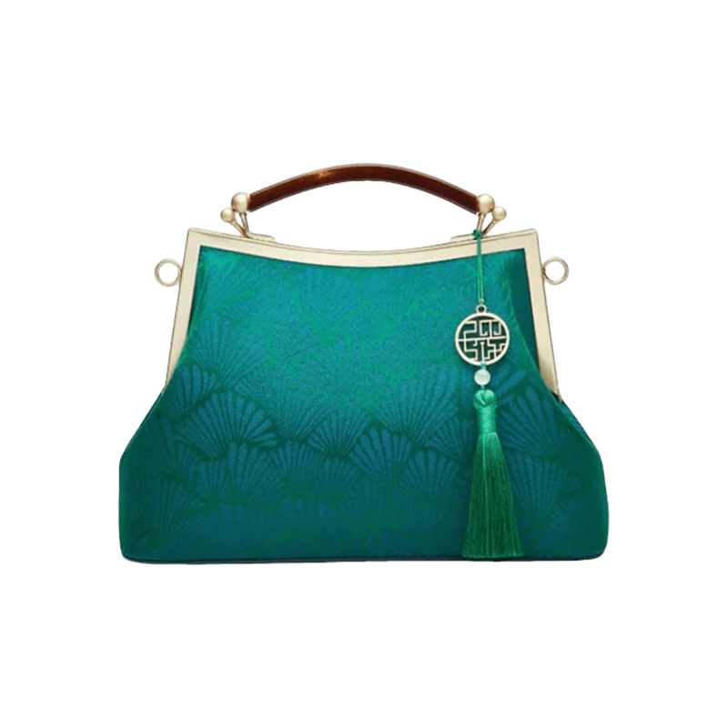 Mulberry Silk Green Pine Leaf Vintage Kiss Lock Clasp Bag