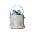 Brocade Jacquard Leather Drawstring Blue Butterfly Bucket Bag