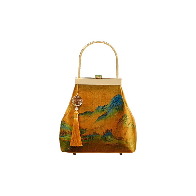 Chinese Painting Mulberry Silk Lux Kiss Lock Clutch Handbag