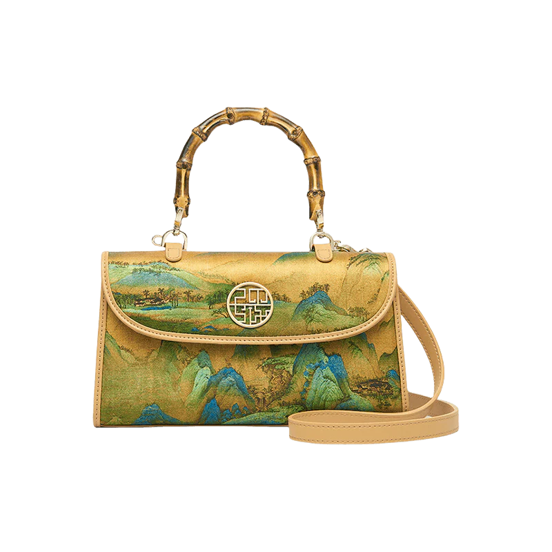 Chinese Painting Xiangyunsha Silk Bamboo Handle Barrel Handbag