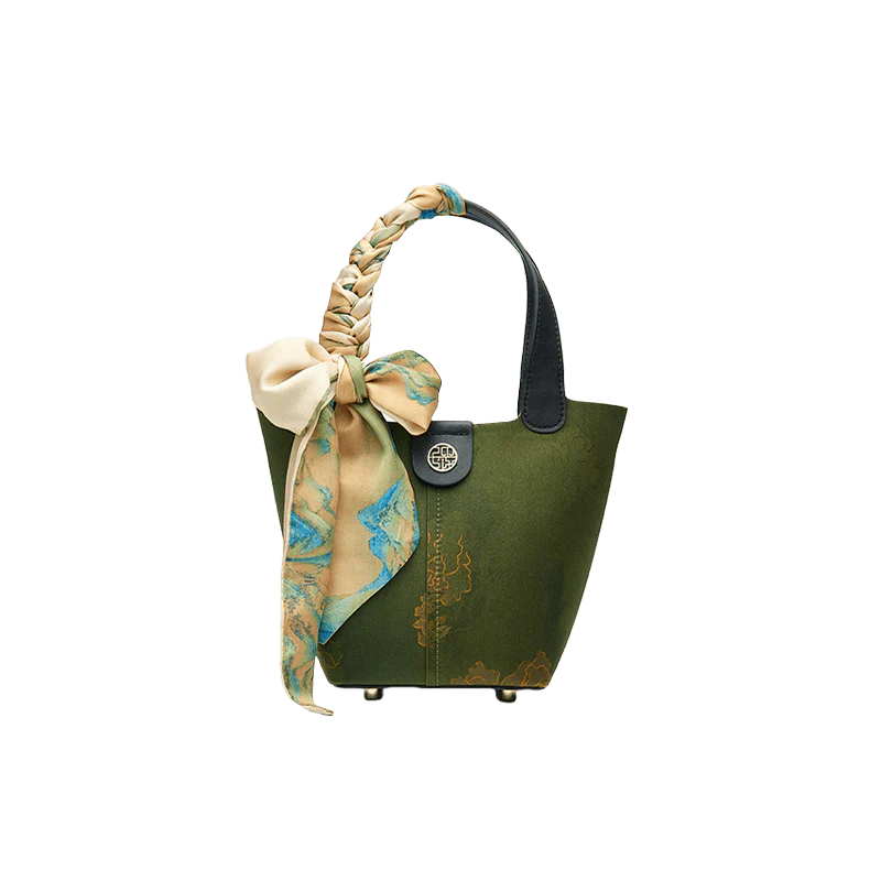 Xiangyunsha Silk Dark Green Bucket Bag with Scarf
