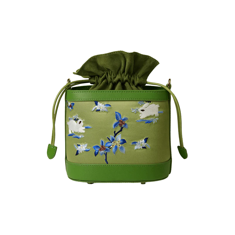 Handcrafted Embroidered Silk Osmanthus Green Bucket Bag