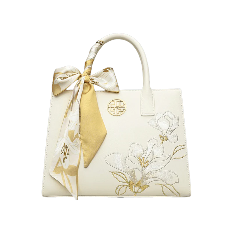 Embroidery Leather White Commuting Handbag Orchid with Scarf