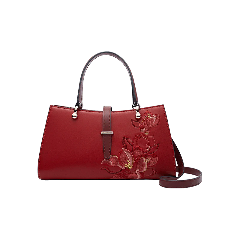 Embroidery Leather Red Magnolia Women's Crossbody Handbag