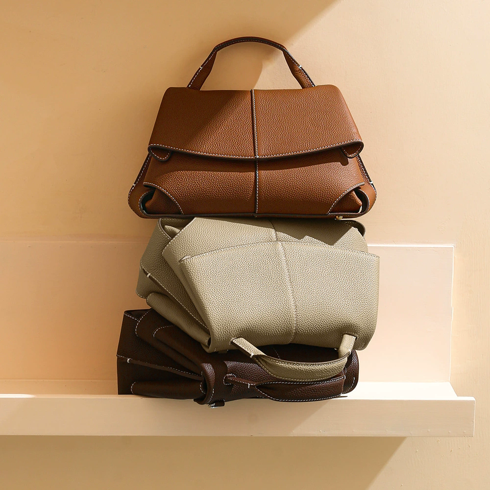 Top-grain Genuine Leather Push Lock Medium-Soft Handbag