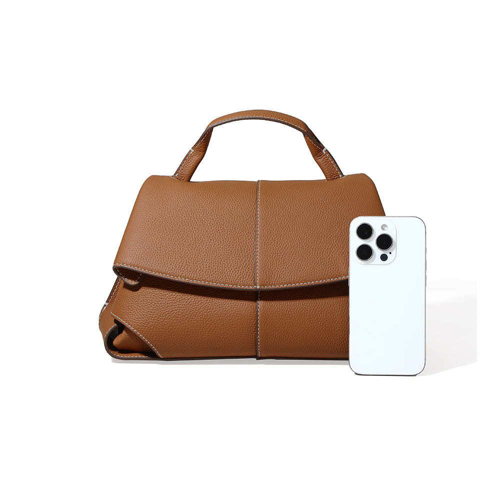 Top-grain Genuine Leather Push Lock Medium-Soft Handbag