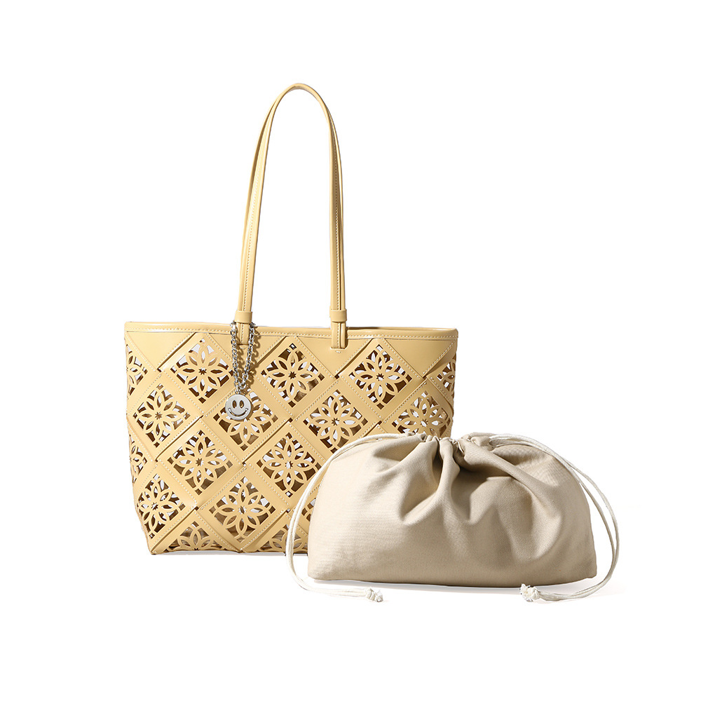 Perforated Second-layer Cowhide Magnetic Clasp Medium Tote Bag
