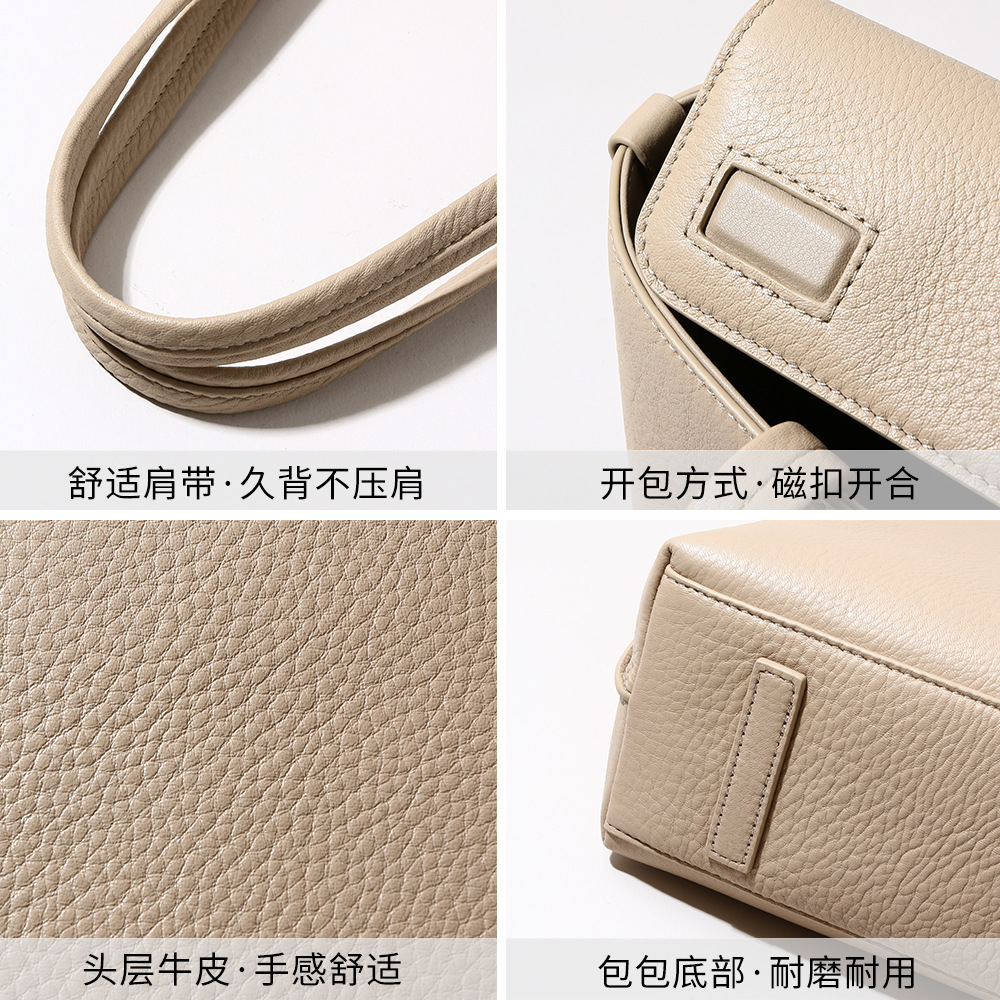 Top-grain Cowhide Sewing Thread Medium Horizontal Square Tote Bag