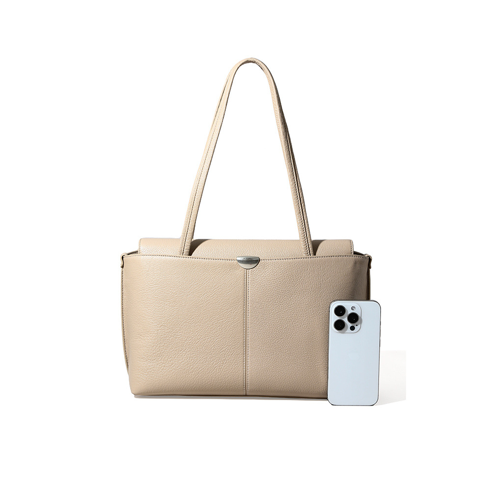 Top-grain Cowhide Sewing Thread Medium Horizontal Square Tote Bag