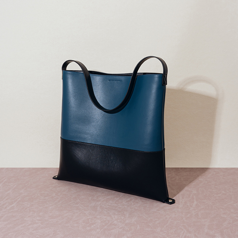 Color-block Second-layer Cowhide Magnetic Clasp Soft Tote Bag