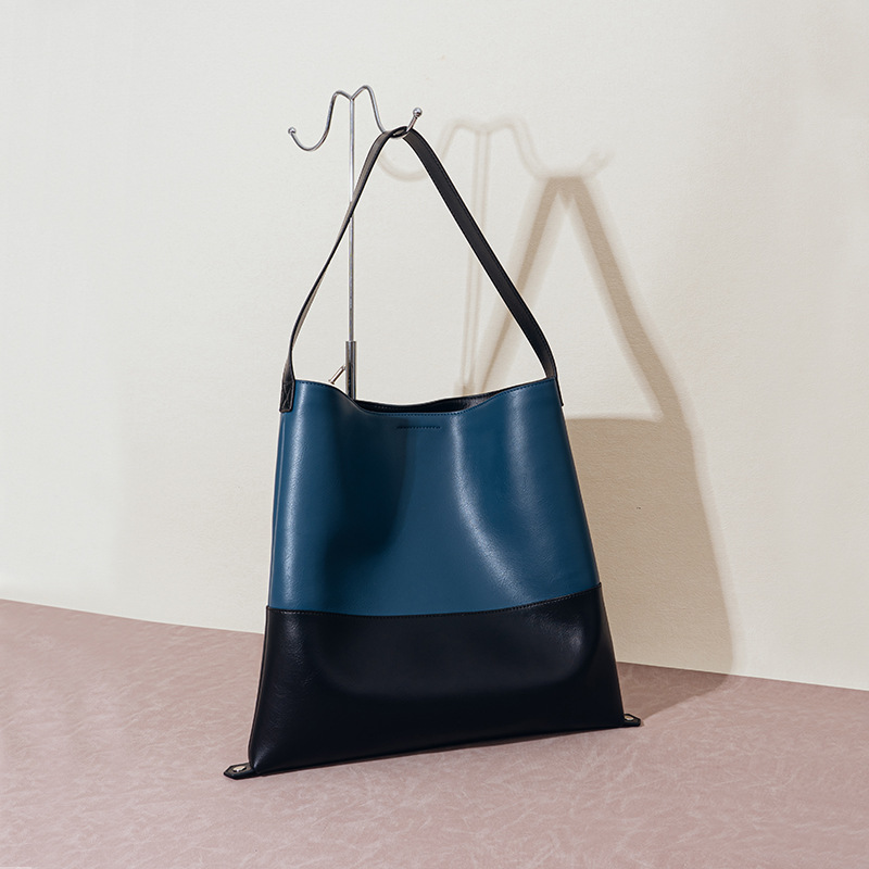 Color-block Second-layer Cowhide Magnetic Clasp Soft Tote Bag