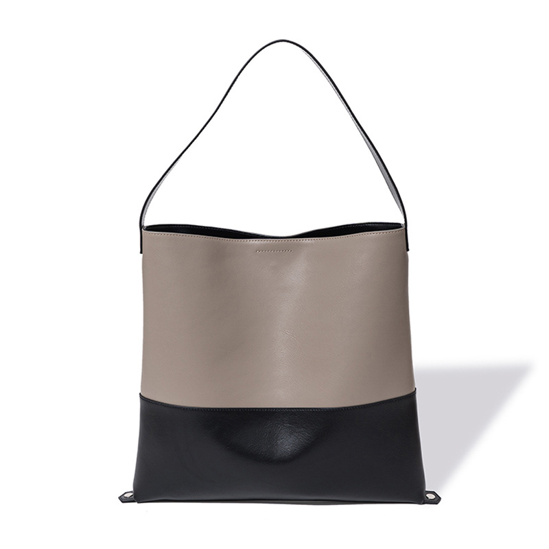 Color-block Second-layer Cowhide Magnetic Clasp Soft Tote Bag