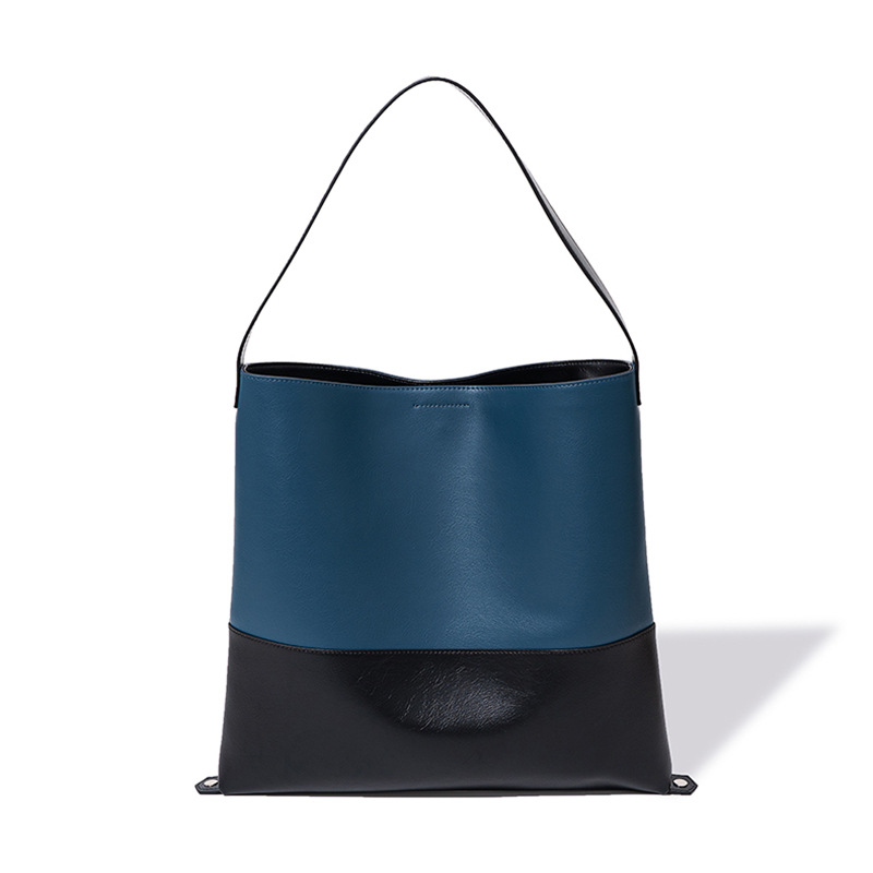 Color-block Second-layer Cowhide Magnetic Clasp Soft Tote Bag