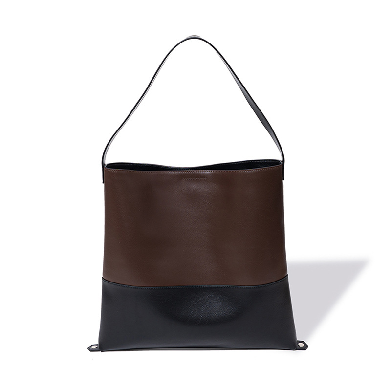Color-block Second-layer Cowhide Magnetic Clasp Soft Tote Bag