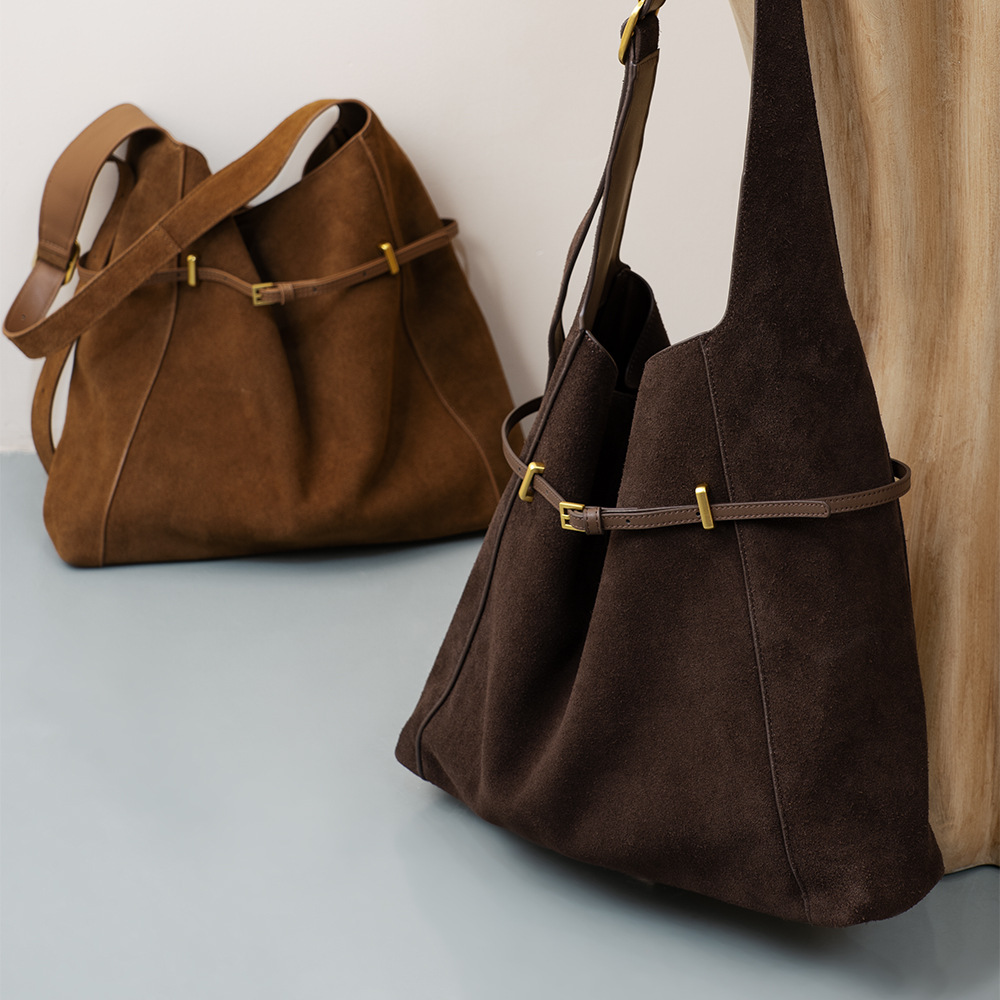 Reverse Suede Sanded Leather Magnetic Clasp Medium-Soft Tote Bag