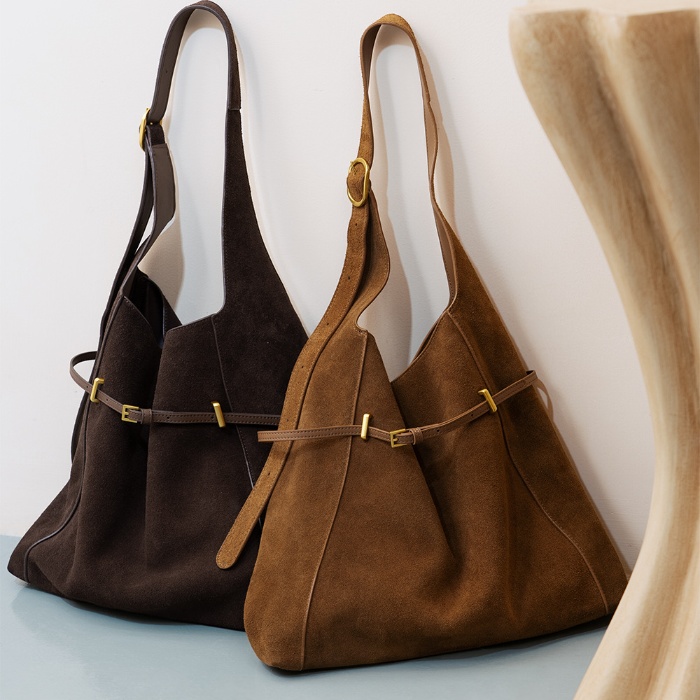 Reverse Suede Sanded Leather Magnetic Clasp Medium-Soft Tote Bag