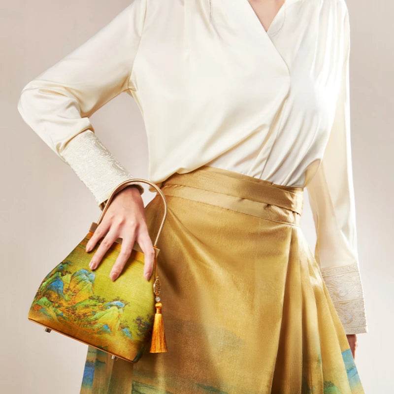 Chinese Painting Mulberry Silk Lux Kiss Lock Clutch Handbag