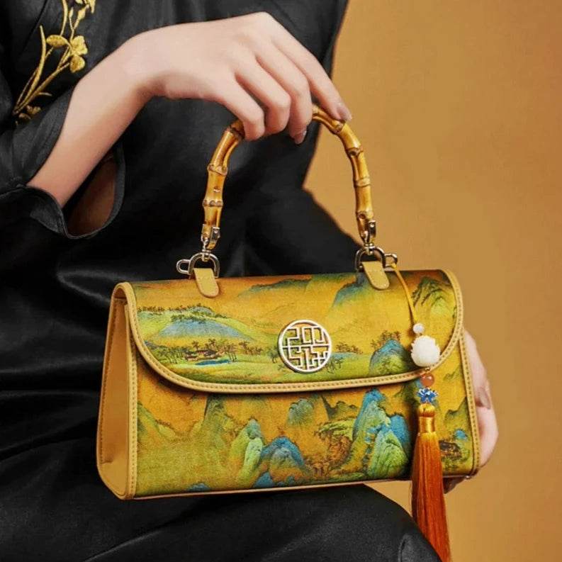 Chinese Painting Xiangyunsha Silk Bamboo Handle Barrel Handbag