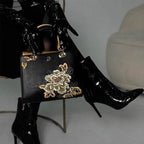 Embroidery Leather Black Lady Bag Gold Peony Luxury Handbag
