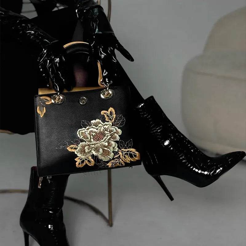 Embroidery Leather Black Lady Bag Gold Peony Luxury Handbag