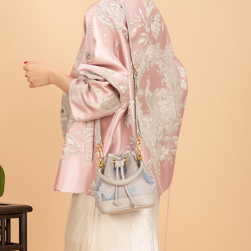 Song Brocade Drawstring Bucket Bag - Traditional Auspicious Patterns Exquisite Knitted Craft