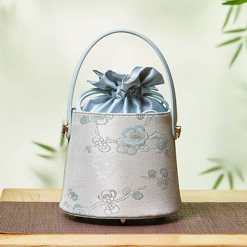 Brocade Jacquard Leather Drawstring Blue Butterfly Bucket Bag