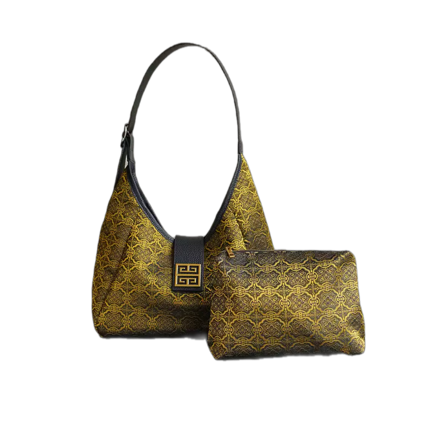 Song Brocade Chinese-Style Golden Ding Sheng Motif Hobo Bag - Leather Shoulder & Handheld Mother-Daughter Bag