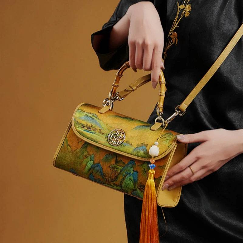 Chinese Painting Xiangyunsha Silk Bamboo Handle Barrel Handbag