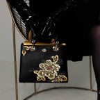 Embroidery Leather Black Lady Bag Gold Peony Luxury Handbag