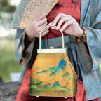 Chinese Painting Mulberry Silk Lux Kiss Lock Clutch Handbag