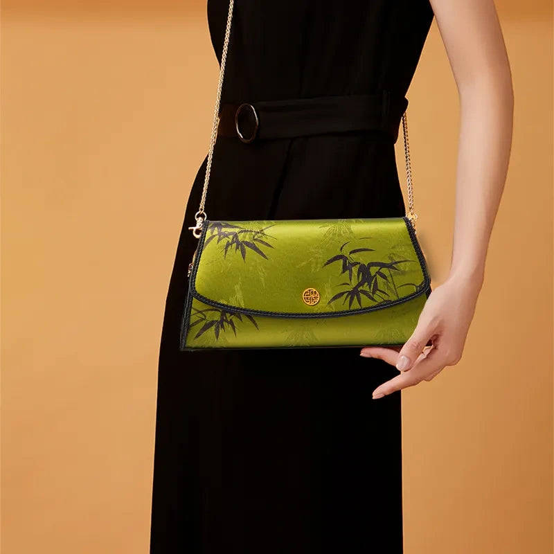 Chinoiserie Vintage Brown Mulberry Silk Bamboo Print Clutch